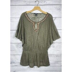 Alfani Sheer Blouse Top Olive Green Animal Print Beaded Neckline Size M